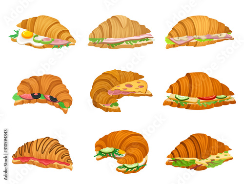 Freshly Baked Realistic Croissants with Different Stuffings Vector Set