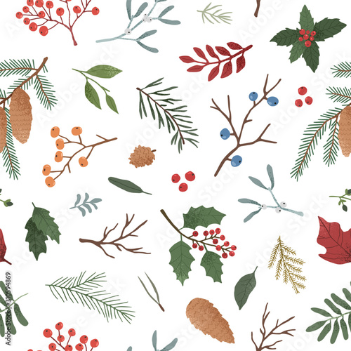Wintertime plants flat vector seamless pattern