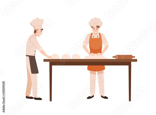 Bakers at work flat vector illustration. Bakery workers kneading dough cartoon characters. Kitchen staff working together. Cooks team in chefs hats and aprons preparing homemade pastry.