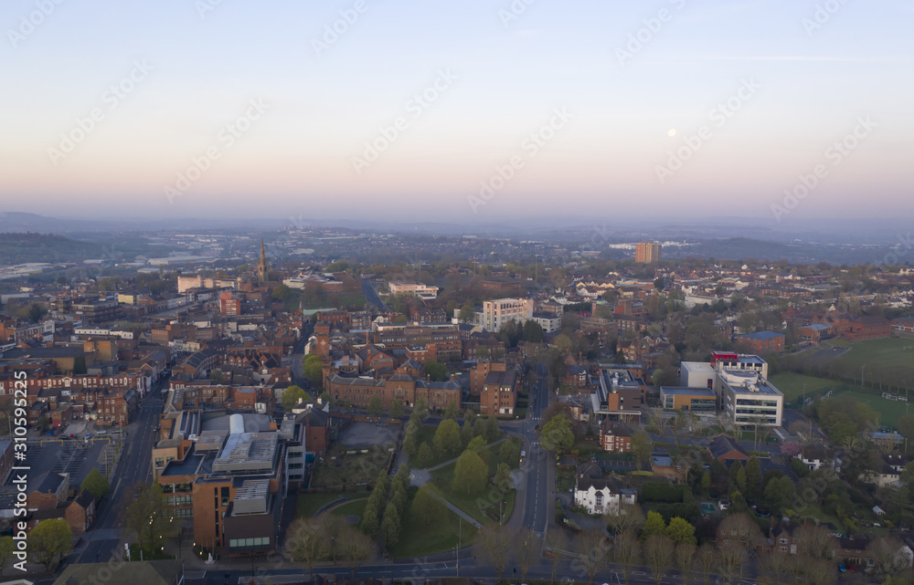 Dudley town centre aerial view at dawn