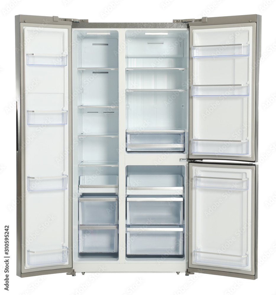 Empty stainless steel refrigerator isolated on white Empty stainless steel refrigerator isolated on white