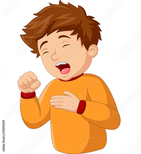 Cartoon little boy coughing on white background