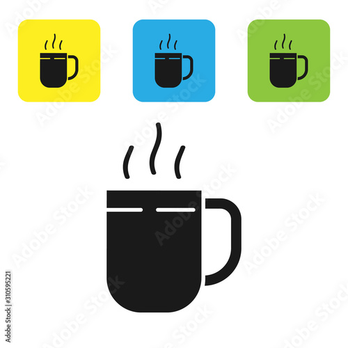 Black Coffee cup icon isolated on white background. Tea cup. Hot drink coffee. Set icons colorful square buttons. Vector Illustration