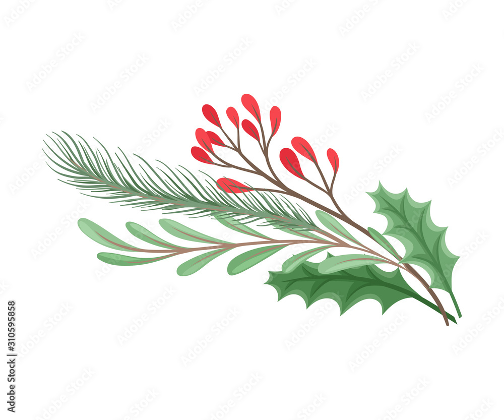 Green Branches and Twigs in Winter Christmas Vector Decorative Composition