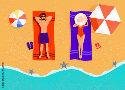 Couple on the beach top view. Man and Woman sunbathing on towels on a beach. Summer Time Vector Illustration
