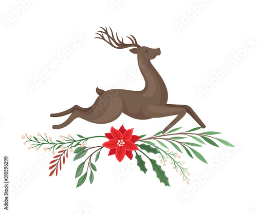 Jumping Brown Deer and Winter Twigs and Flower Composition Beneath It Vector Illustration