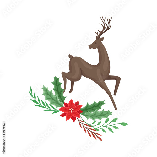 Jumping Brown Deer and Winter Twigs and Flower Composition Beneath It Vector Illustration
