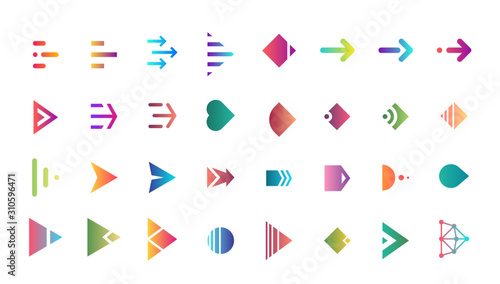 Swipe arrow right gradient button icon set. Application and social network scroll cursor pictogram for web design or app. Vector flat modern next direction pointer interface collection illustration