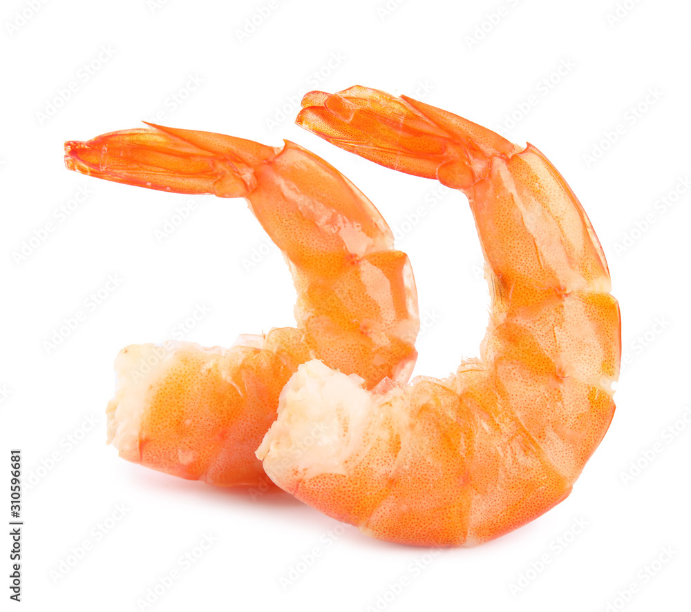 Delicious freshly cooked shrimps isolated on white Delicious freshly cooked shrimps isolated on white