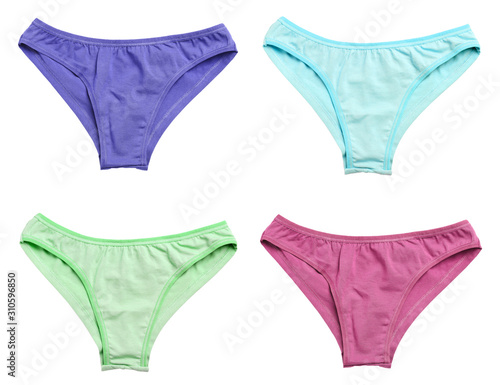 Set of women's underwear on white background