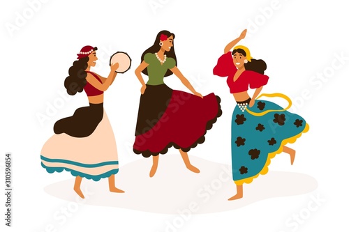 Gypsy girls dancing flat vector illustration. Female dancers in traditional clothes with tambourine cartoon characters. Graceful ladies in ethnic attires performing barefoot. Passionate Romany dancers