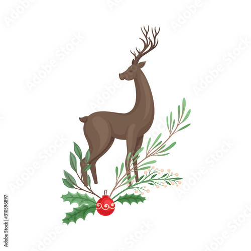 Standing Reindeer Vector Illustration Decorated with Winter Twigs and Leaves
