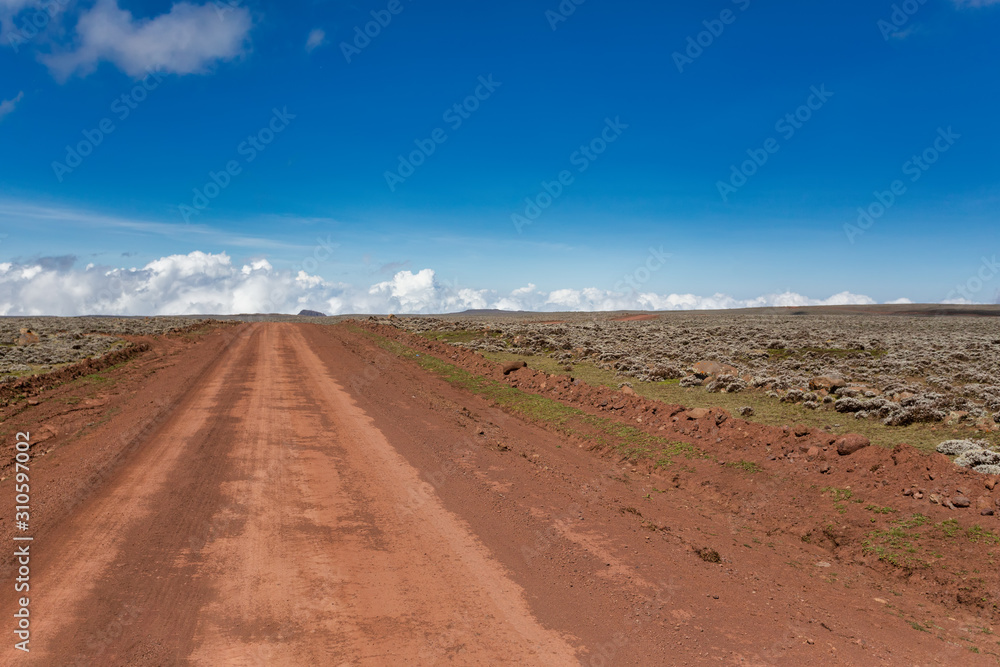 road in top of Ethiopian Bale Mountains National Park. Wilderness pure nature, sunny day with blue sky. Ethiopia, Africa
