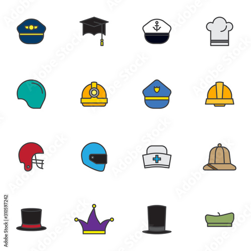 Party headgear elements collection, Carnival headdress flat icons set, Colorful symbols pack contains pilot cap, captain, sailor, chef, helmet, hard hat, beret. Vector illustration. Flat style design