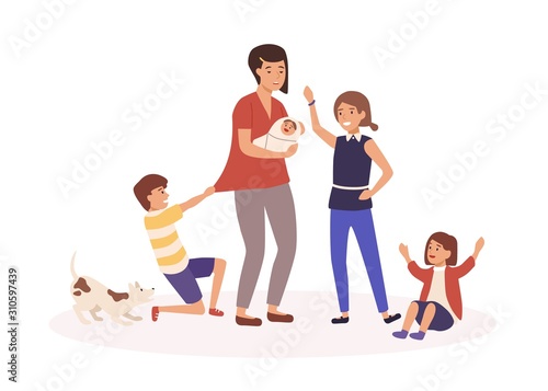 Mother with many children flat vector illustration. Tired single mom and naughty kids cartoon characters. Parenthood routine, motherhood burnout, babysitting concept. Exhausted housewife.