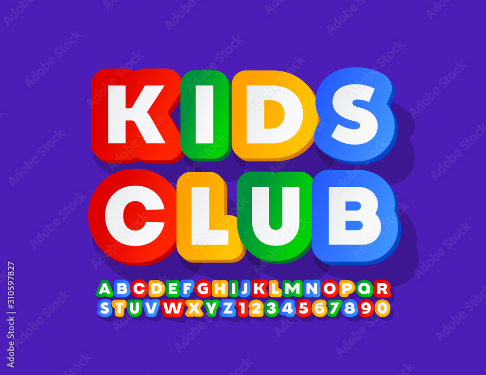 Vector colorful Emblem Kids.  Cute bright Font. Creative Alphabet Letters and Numbers