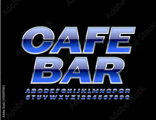 Vector modern sign Cafe Bar with silver Font. Blue and Metal Alphabet Letters and Numbers