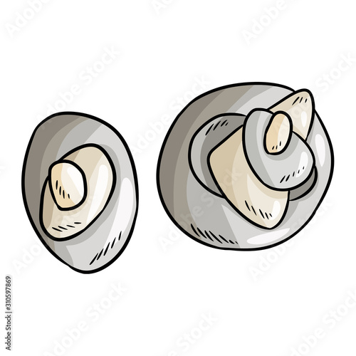 Sea pebble stones top view comic style doodle. Boho cartoon drawing of stones in a pyramid cairn view from above. Isolated on white background lineart illustration