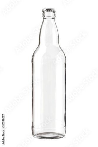 Empty Clear Glass 22 oz Beer Bottle Isolated on White Background. 3D Close Up Illustration.