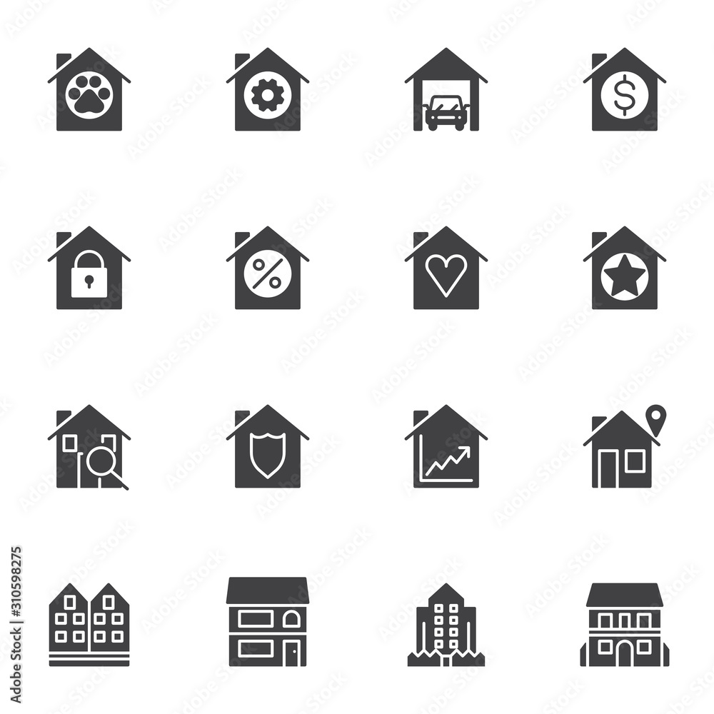 Real estate service vector icons set, modern solid symbol collection, filled style pictogram pack. Signs, logo illustration. Set includes icons as car garage, mortgage, home insurance, office building Real estate service vector icons set, modern solid symbol collection, filled style pictogram pack. Signs, logo illustration. Set includes icons as car garage, mortgage, home insurance, office building