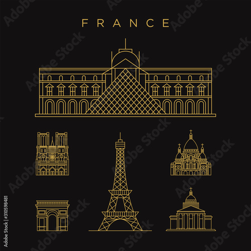 Golden Paris France landmark set logo icon design template. Line, elegant, luxury, modern vector illustration
