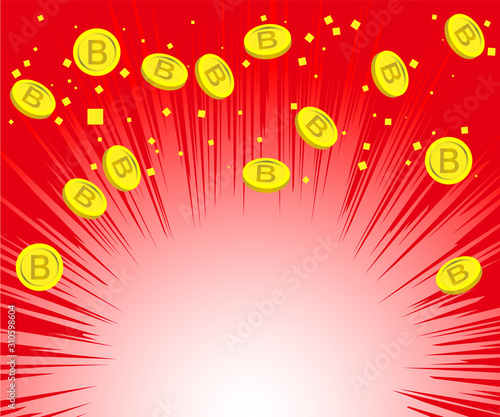 赤背景　ビットコインが舞っている背景素材　レクタングルサイズ