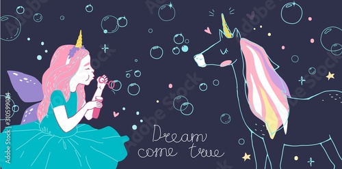 girl dressed as fairies and cute unicorn