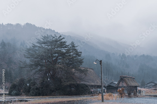 雨の白川郷、合掌造りの町並み