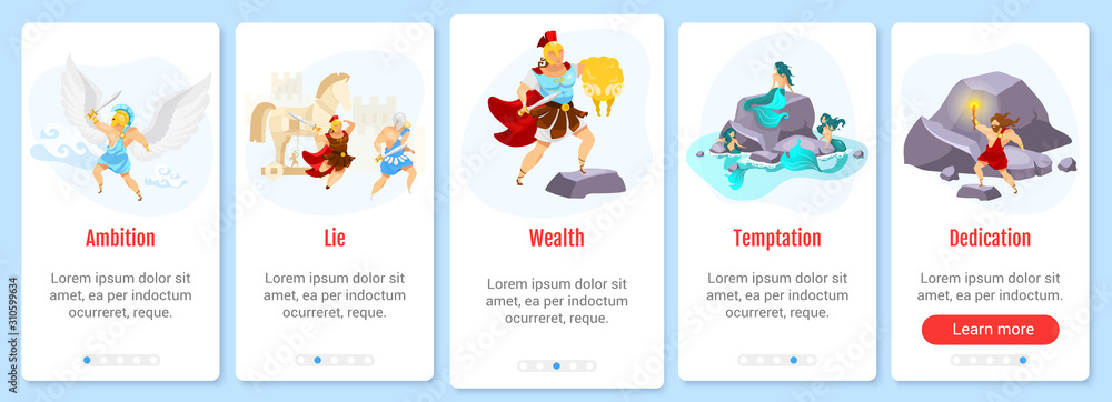 Greek mythology onboarding mobile app screen vector template. Mythological heroes and fighters. Walkthrough website steps with flat characters. UX, UI, GUI smartphone cartoon interface concept