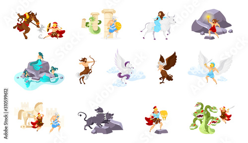 Greek mythology flat vector illustrations set. Minotaur and Theseus. Medusa and Perseus. Abduction of Europa. Cerberus. Trojan war. Beast and fighters. Heroes and creatures isolated cartoon characters