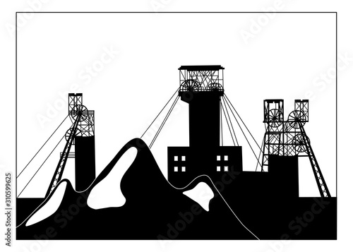 Vector silhouette illustration of industrial coal mining slag heaps and structural headframes above mine shaft. Metallurgy concept photo