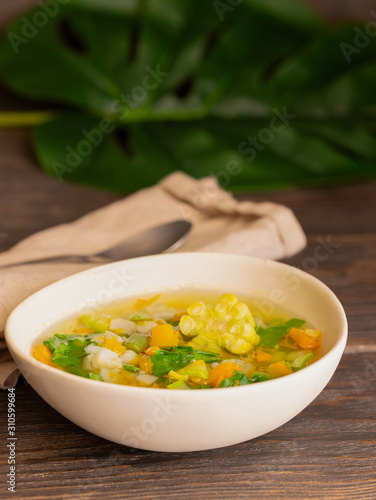 Potaje Canario, delicious vegetable soup of Canary Island with different vegetables and chickpea. Typical Canary dish background.