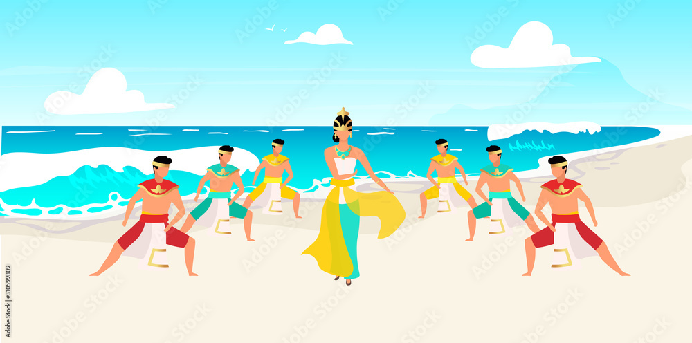 Indonesian dances flat vector illustration. Traditional celebration on ocean shore. Waterscape. Asian celebration. Men and woman dressed in traditional clothing cartoon characters