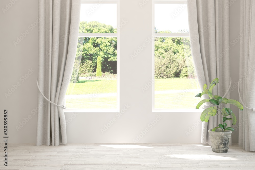Stylish empty room in white color with summer landscape in window. Scandinavian interior design. 3D illustration Stylish empty room in white color with summer landscape in window. Scandinavian interior design. 3D illustration