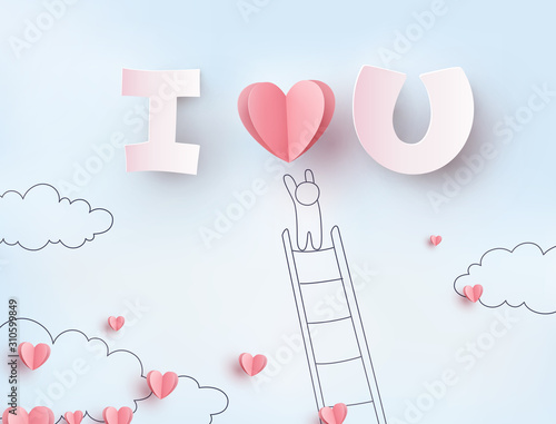Hearts with man on blue sky background. Vector pink paper flying symbols of love for Happy Valentine's or Mother's Day greeting card design..
