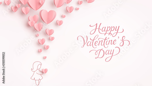 Hearts with woman. Paper flying elements on pink background. Vector symbols of love for Happy Valentine's Day greeting card design..