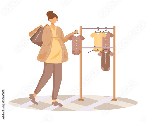 Pregnant woman choosing baby clothes flat vector illustration. Preparation to maternity. Young caucasian girl on prenatal shopping cartoon character on white background