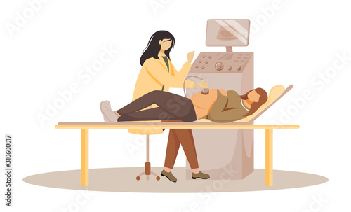 Ultrasound screening of fetus flat vector illustration. Prenatal examination. Pregnancy healthcare. Pregnant woman with doctor in clinic isolated cartoon characters on white background