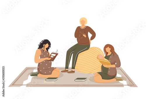 Courses for pregnant and young mothers flat vector illustration. Pregnancy and motherhood. Girl friends in pregnancy time and lady with newborn isolated cartoon characters on white background
