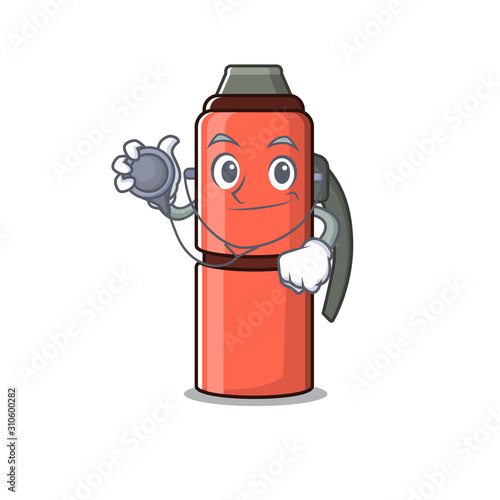 Cute thermos bottle Scroll cartoon character in a Doctor with tools