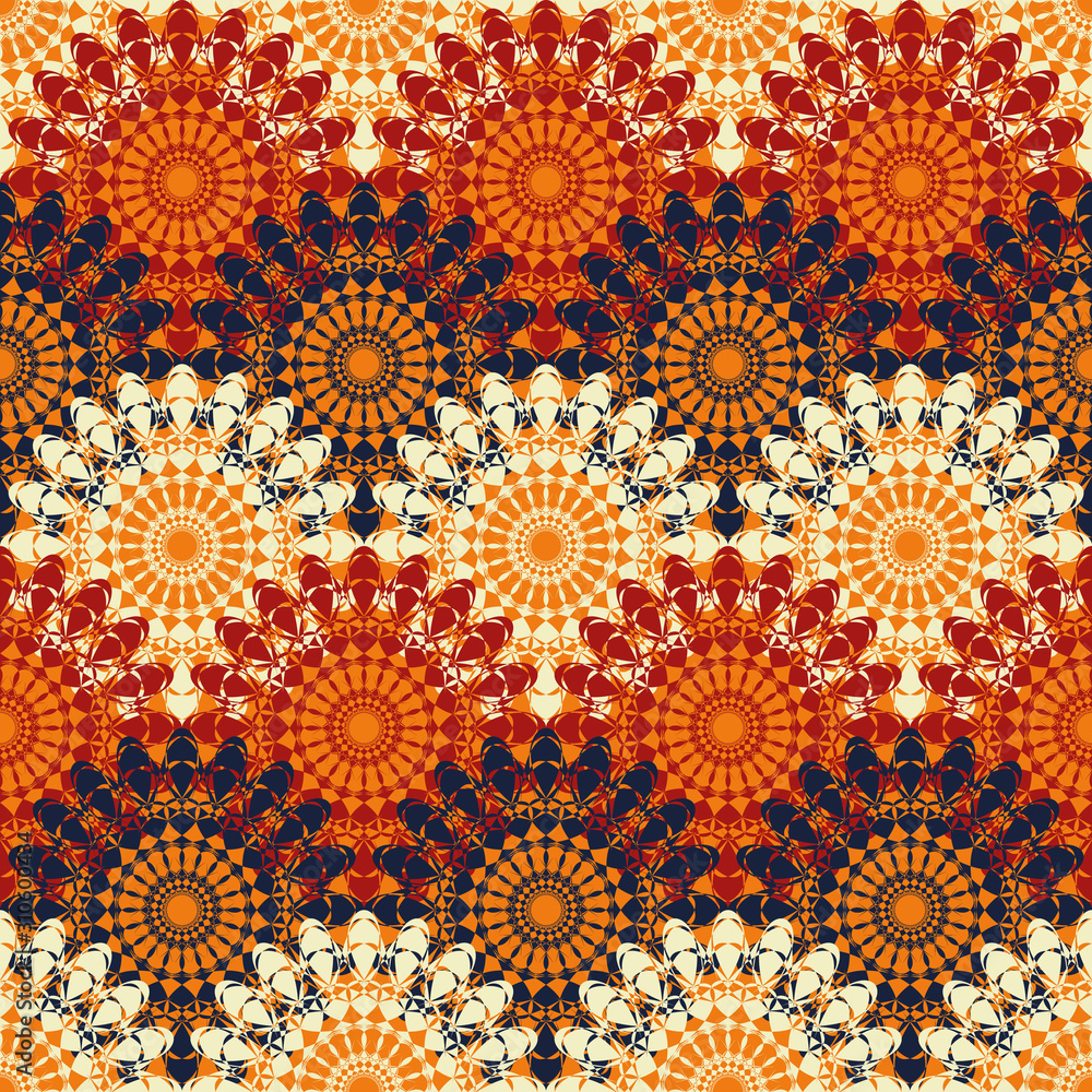A seamless vector pattern with rows of decorative mandalas in red, navy blue, and white colors. Ornamental surface print design. Great for fabrics, stationery and packaging.