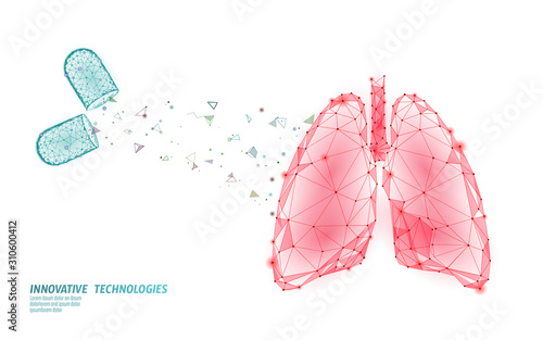 3D human lungs medicine treatment concept. Respiratory virus infection cancep danger. Pill capsule drug therapy tuberculosis hospital poster template vector illustration