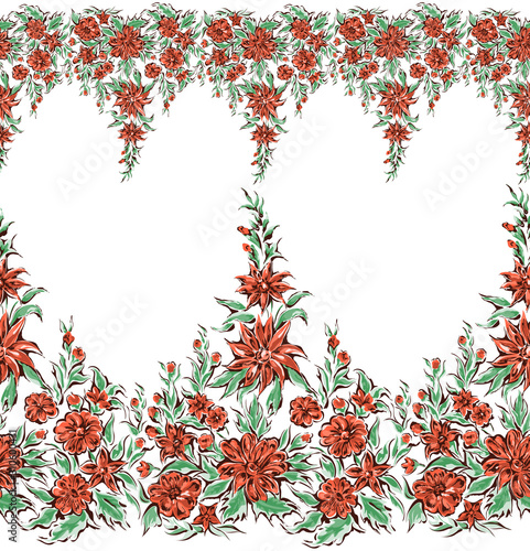 Seamless pattern flowers, border with decorative floral elements. Edge of the fabric, wallpaper, textile on white background