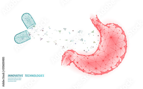 Human stomach medical treatment concept. Pill capsule help therapy. Digestive system cancer abdomen pain analysis prevention medicine poster template. 3D vector illustration