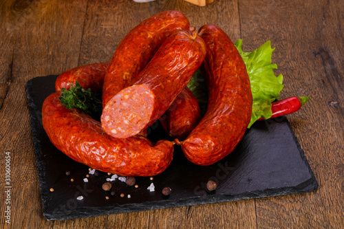 Pork sausages over wooden