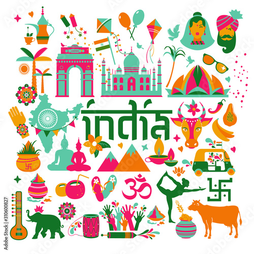 India set Asia country vector Indian architecture Asian traditions buddhism travel isolated icons and symbols.