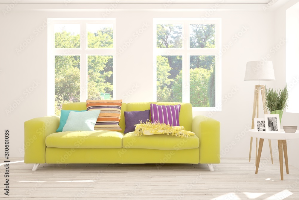 Stylish room in white color with sofa and summer landscape in window. Scandinavian interior design. 3D illustration Stylish room in white color with sofa and summer landscape in window. Scandinavian interior design. 3D illustration