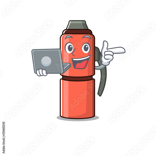 Cute and smart thermos bottle Scroll working with laptop