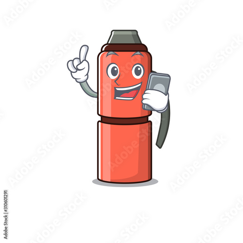 cartoon character of thermos bottle Scroll speaking with phone