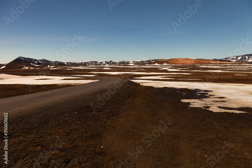 Snowy calm multicolored spring landscape of Iceland
